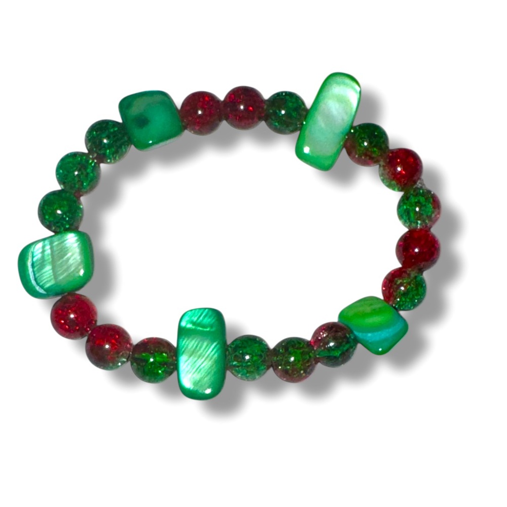 3 FOR $10 HANDCRAFTED Green Pearl & Two-Tone Red & Green Glass Beaded Bracelet